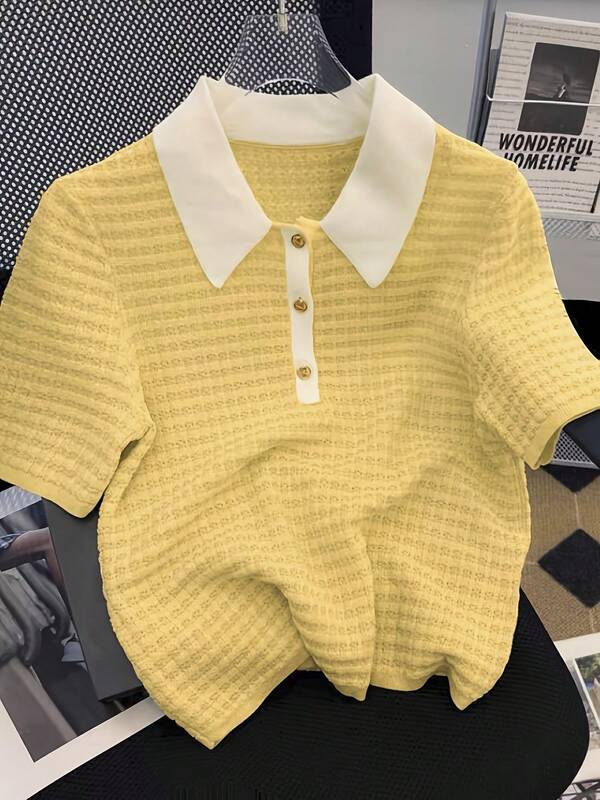 Chemise polo en tricot à manches courtes, style décontracté d'été à carreaux