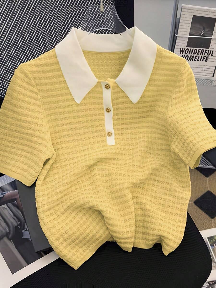 Summer Casual Plaid Short Sleeve Knit Top Polo Shirt - Yellow - View 1