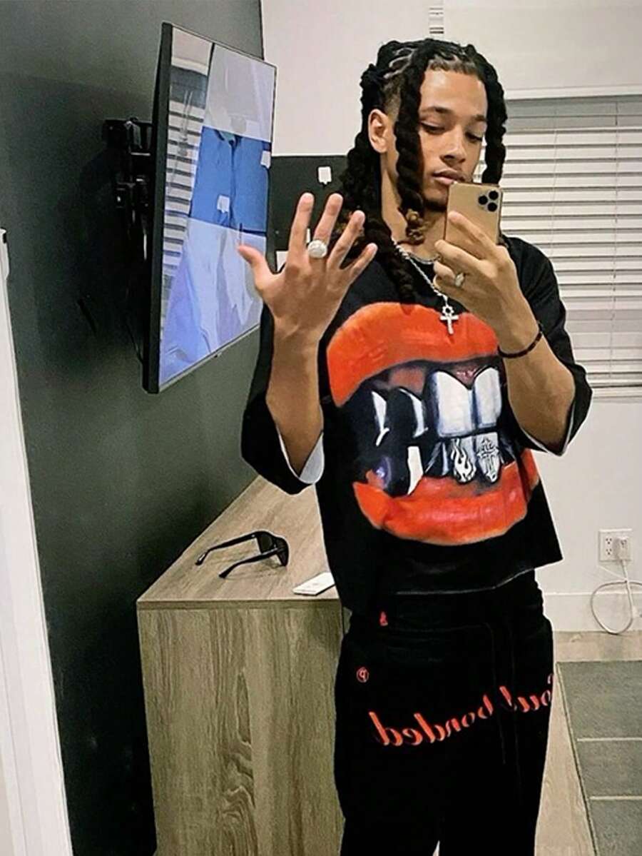 (Chaleco sin mangas de algodón puro lavado de 240g) Chaleco de algodón puro lavado con impresión de letras y retratos de 'FLYRICH' de peso pesado para primavera/verano de 240g, adecuado para uso diario - Negro-2 - Ver 1