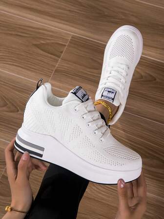 Lightweight High Heel Women's Shoes, Breathable Mesh Platform Sneakers - Women's Lace-Up Casual Shoes, White Platform Shoes, Hidden Heel Flat High Heels