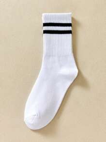 3 Pairs Women's Striped Pattern Mid-Calf Socks, White Long Socks For School