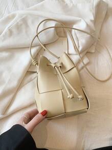 Mini Casual Woven Crossbody Shoulder Bag, Drawstring Bucket Bag, Plain Color PU