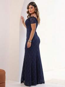 Long Off-The-Shoulder Party Dress In Shiny Lace - Navy Blue - View 4
