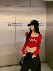 女式字母印花方领长袖休闲百搭 T 恤 - 紅色 - 查看 1