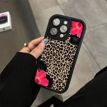 Estampado de leopardo patrón de hibisco rosa adecuado para funda de teléfono móvil TPU iPhone15PROMAX funda protectora de silicona de cuatro esquinas anti-caída de alta cobertura con alto valor y  calientes - Negro - Ver 2