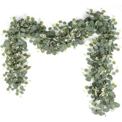 1/3 PCS, 70inch/5.9ft Artificial Eucalyptus Flower Wreath With Silver Dollar Eucalyptus Leaves And Baby's Breath, Suitable For Christmas, Decoration, Centerpiece, Baby Shower, Wall, Room, Wedding, Home Decor