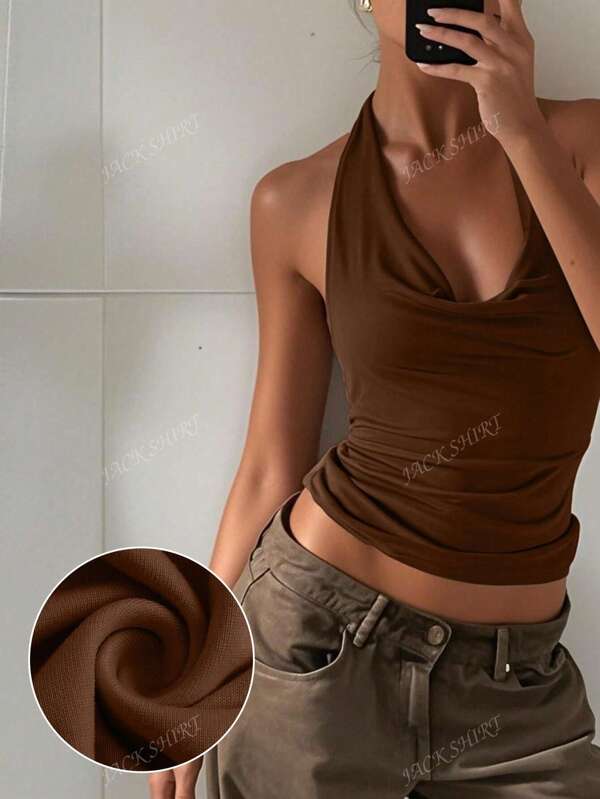 Women's Simple Casual Solid Color Tie Neck Sleeveless Draped Ruched Slim Fit Tank Top, Spring/Summer