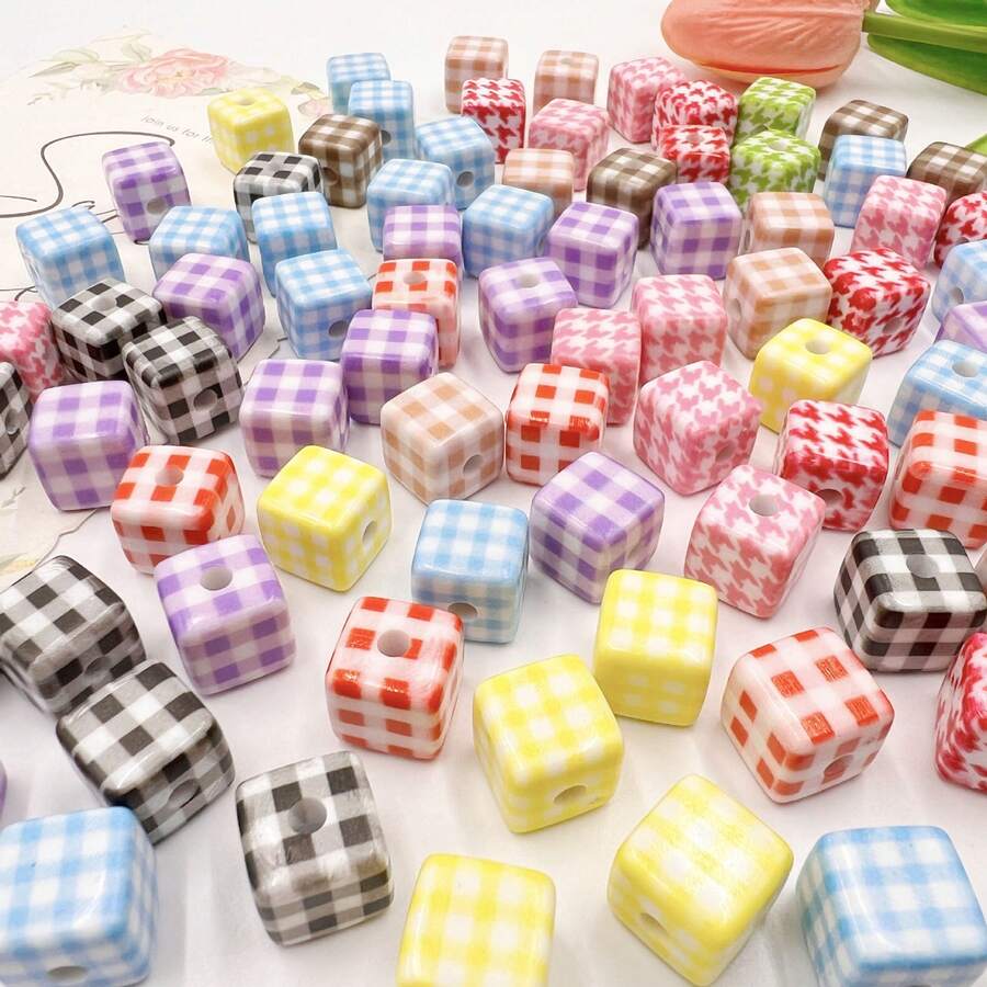 10 piezas/20 piezas/30 piezas Cuentas acrílicas cuadradas multicolor a cuadros de estilo simple y lindo, adecuadas para proyectos de joyería DIY, collares y pulseras - Cuentas cuadradas de 14 mm - Ver 1