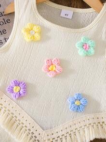 Conjunto de chaleco y pantalones cortos con aplicación floral, dobladillo con flecos y tela de burbujas arrugada para niña - Albaricoque - Ver 4