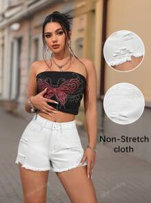 Shorts Denim na Moda, Lavados, de Cintura Alta, Desgastados, com Barra Esfiapada