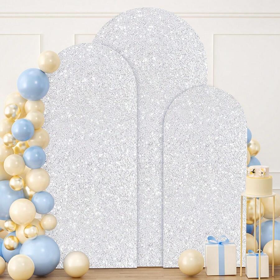 5ft/6ft/6.6ft/7.2ft Silver Arch Cover Sequin Backdrop Cover Round Top Chiara Backdrop Stand Cover For Wedding Birthday Party Photography Decoration (Arch Stand Not Included)