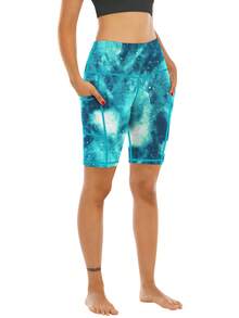 大码女式高腰弹力柔软运动短裤，适合跑步、健身、瑜伽、户外徒步、骑行，带口袋和印花设计，春夏季