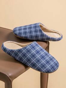 Unisex Silent Indoor Slippers, Fashionable Simple Plaid Upper, Suitable For Office, Wood Floor, Living Room, Bedroom, Non-Slip Home Shoes, Minimalist Elegant Family Footwear - Navy Blue - View 6