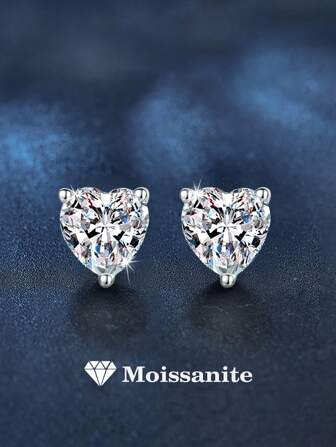 2 Pairs Dainty Luxury 925 Sterling Silver 1 Carat Heart-Cut Moissanite Stud Earrings, Suitable For Daily Wear, Unisex, Party, Vacation, Birthday Jewelry Gift