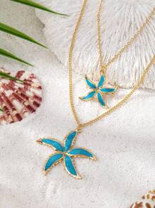 Colar com pingente de estrela do mar esmaltado, estilo oceano, 2 peças, moda verão, joias femininas, adequado para férias na praia e presente de aniversário, uso diário