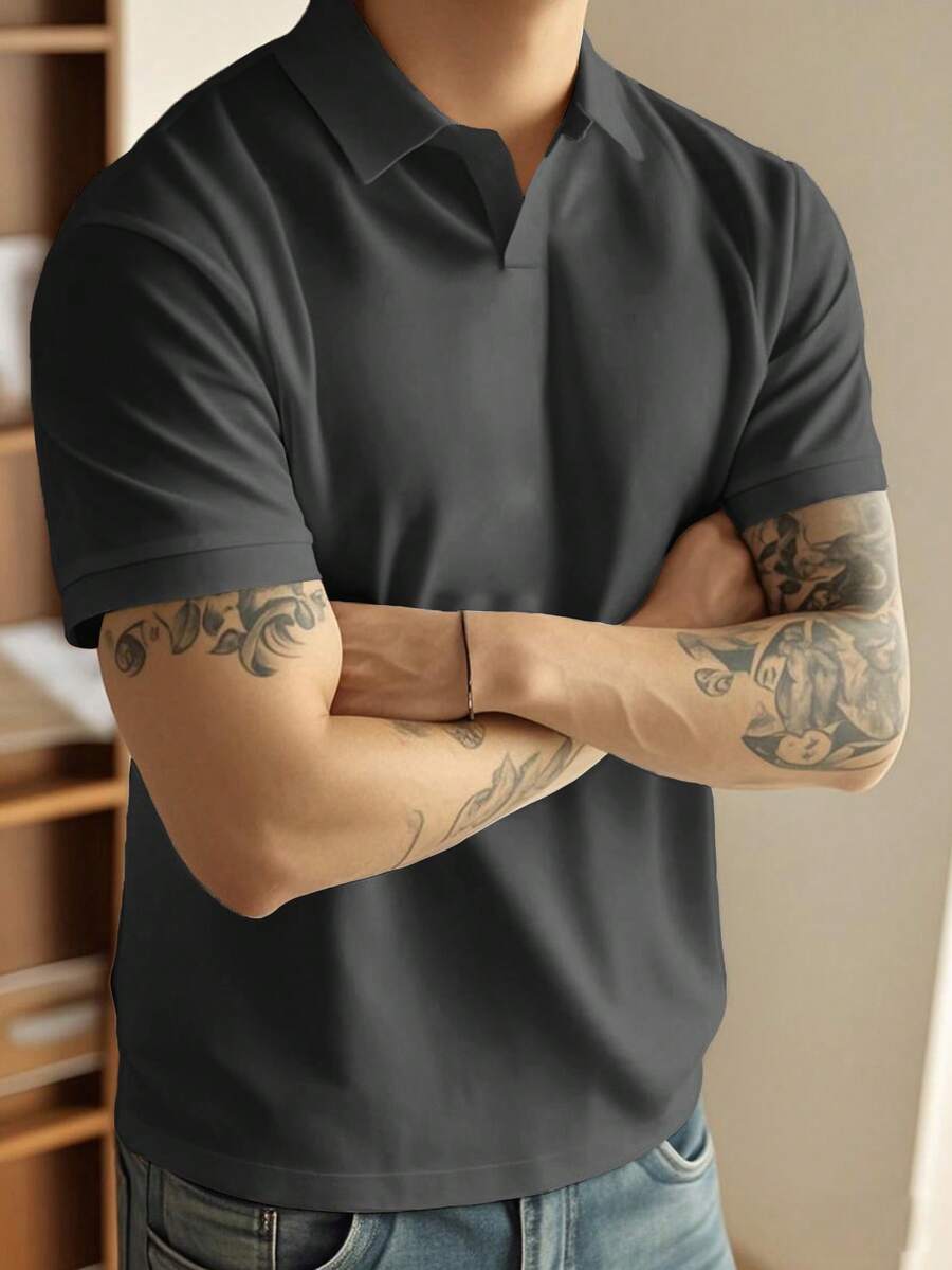 男士休闲纯色通勤短袖 Polo 衫，夏季 - 深灰色 - 查看 1