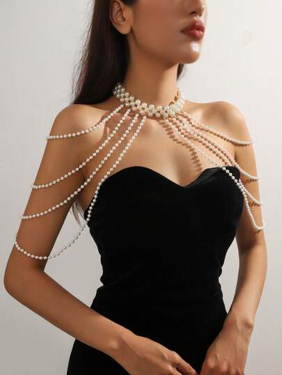 1pc Elegant Sexy Women's Fashion Runway Multi-Layer White Faux Pearl Tassel Necklace, Shoulder Chain, Body Chain, Dress Accessory