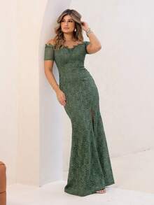 Long Off-The-Shoulder Party Dress In Shiny Lace - Olive Green - View 2