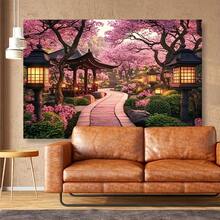 1pc, Oriental Cherry Blossom Garden Wall Tapestry - Vibrant Japanese Scenery, Blooming Cherry Blossoms, Traditional Pagodas And Lanterns, Lightweight Polyester Fiber, Easy For Home Decoration, Parties And Photography Settings