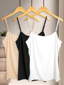 3pcs/Set Plus Size Women Solid Color Camisole Strap Adjustable Layering Tank Tops