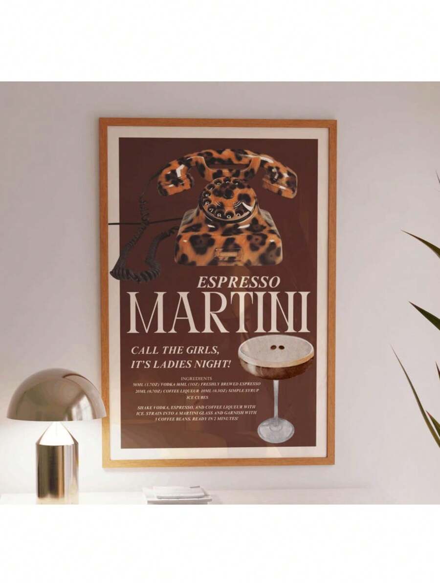 Espresso Martini Print, Vintage Bar Cart, Cocktail Print, Brown Art, Preppy Poster, Kitchen Decor, Retro Wall Print, Aesthetic Leopard Print Canvas Painting Wall Art For Living Home Decor Holiday & Birthday Gift, Office Decoration Arranged Artwork Optional Frame ,Wall Art With Frame - Multicolor - View 1