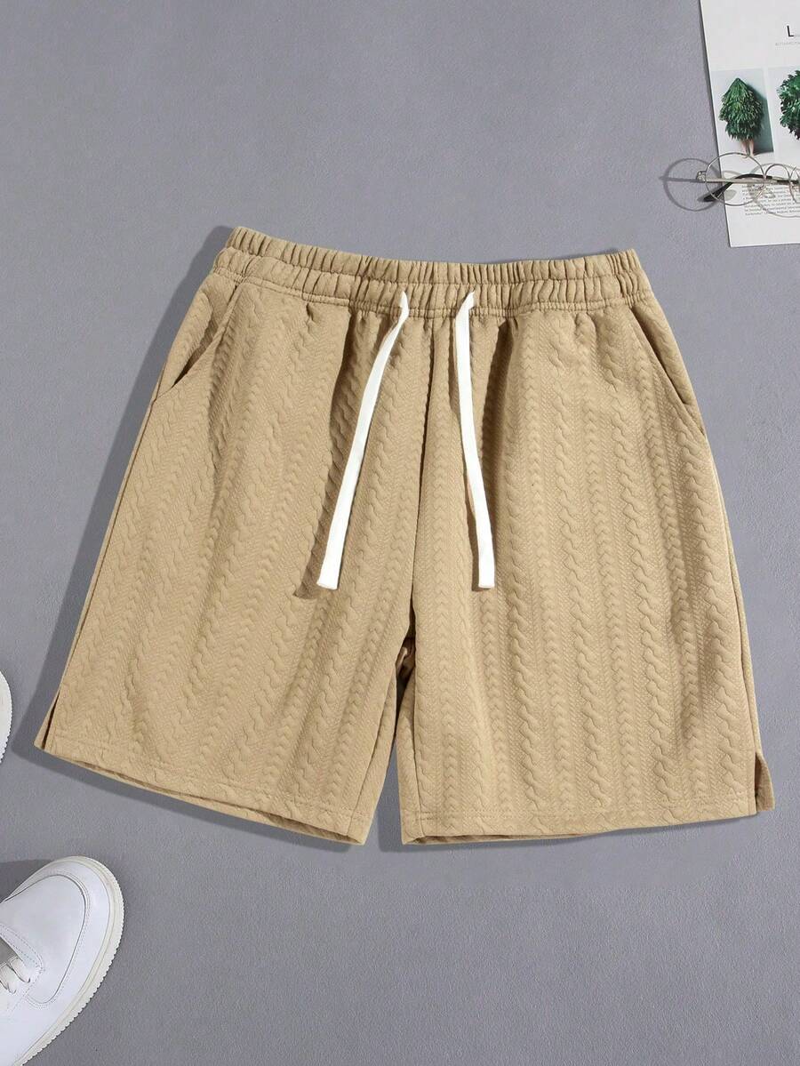 Men's Drawstring Waist Pocket Leisure Jacquard Shorts - Khaki - View 1