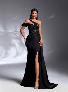 IBTRLY Vestido maxi elegante para fiesta con escote asimétrico, decoración floral en 3D y volantes laterales
