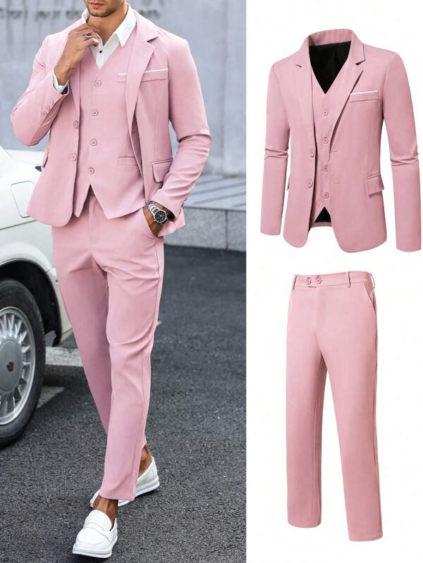 3pcs Men's Casual Suit Set Including Jacket, Vest And Pants, Versatile For Spring & Autumn