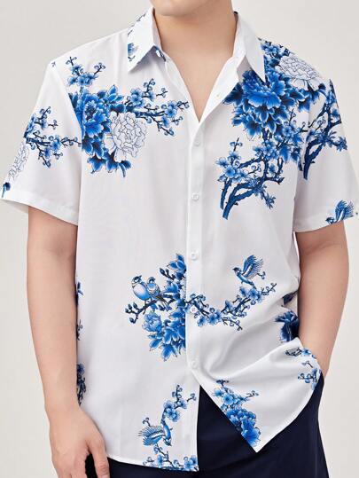 ملابس علوية رجالي كاجوال بأكمام قصيرة فضفاض مزخرف بطبعات الزهور والطيور، ملابس علوية صيفي موضة من البوليستر