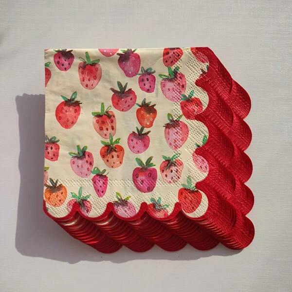 20pcs/Bag Paper Napkins Decoupage, Spring Summer Strawberry Red Scallop Paper Napkins For Valentine'S Day Wedding Mother'S Day Birthday Party Supplies, Tableware Decorations Party Napkins Tissue 25*25cm