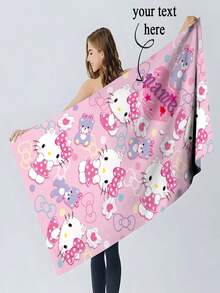 1pc Sanrio Officially Licensed Custom Bath Towel, Hello Kitty Themed, Customizable Name, Personalized, Super Soft Microfiber, Quick Dry, High Absorbency, Soft, Modern Style, For Bathroom, Swimming Pool, Beach, Home And Kitchen Decor Beach Essentials Back To School Shower Towels For Beaty Salon, Hotel Sports,Home Essentials, Towel, Skin Care
