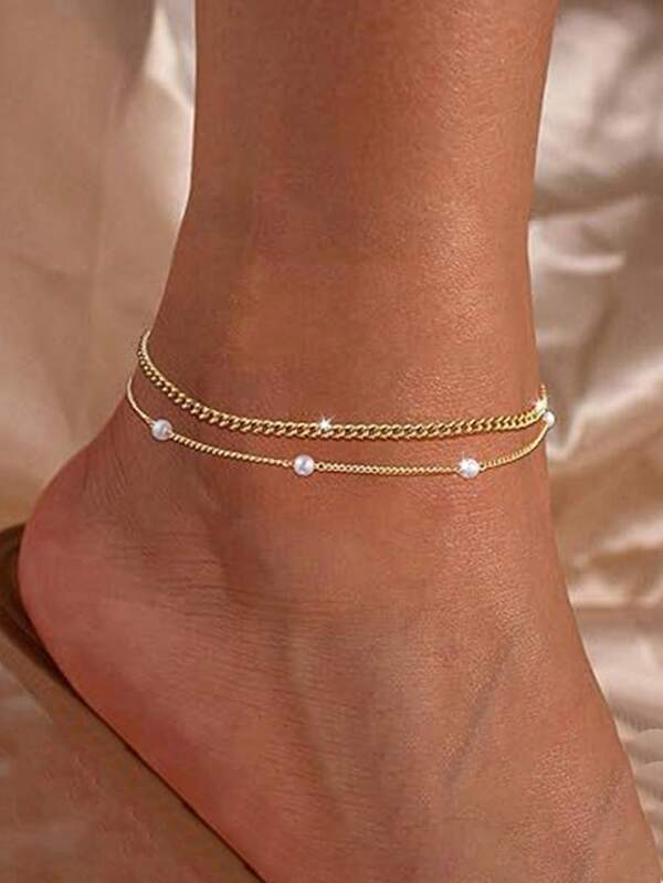 1pc Minimalist Vintage Pearl Chain Anklet, Layered High-End Design For Women