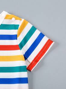 2pcs/Set Toddler Boys Fashionable, Simple Casual & Cute Rainbow Striped Short Sleeve Top With Bib Shorts, Spring/Summer