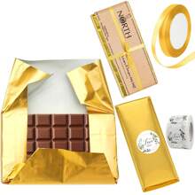 100 paquets d'emballages de barres de chocolat avec 100 autocollants et 1 ruban de 6" x 7,5" en feuille d'or. Feuilles d'emballage individuel homemade pour bonbons, sans plis