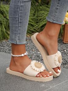 女士 2025 新款休闲舒适时尚百搭性感露趾向日葵绳方头凉鞋，适合度假、海滩、游泳池，防滑、耐用平底拖鞋 - 白色 - 查看 7