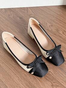 HanDuEke Women's Chunky Heel Bow Slip-On Square Toe Comfortable Elegant Pumps, Color Blocking Work Shoes, Plus Size