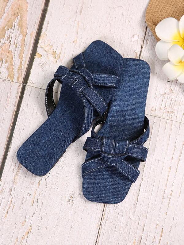 Women's Flat Square Toe Criss-Cross Strap Sandals, Camouflage & Solid Color, Fashion Elegant Fabric Bowknot Slippers For Indoor & Outdoor, Spring/Summer