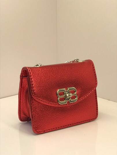 Mini bolsa quadrada fashion retrô textura de metal brilhante com trava giratória