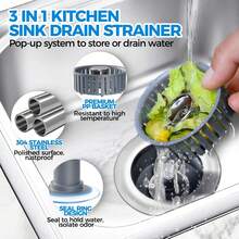 Colador de drenaje de fregadero de cocina 3 en 1 y tapón de fregadero, piezas de instalación de enchufe de acero inoxidable y fregadero con cesta antiobstrucción, se adapta al orificio de drenaje de - pago - Ver 10