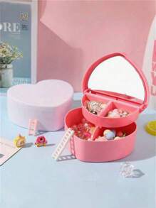 1pc Double Layer Heart Shaped Mirrored Jewelry Storage Box, Women Makeup Organizer Suitable For Jewelry & Accessories Like Earrings, Rings, Necklaces, Multi-Functional Desktop Storage Box, Gift For Her