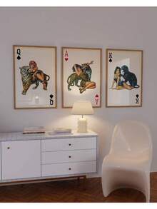 3 套 Y2K 复古红心 A 扑克牌，复古印花，豹纹、豹子、老虎印花，美观的家居/宿舍/房间装饰帆布画墙面艺术，适用于家居装饰节日和生日礼物，办公室装饰布置艺术品可选框架 - 3pcs/set - 查看 1