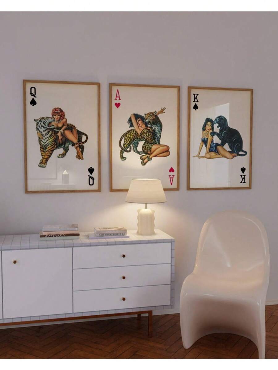 3 套 Y2K 复古红心 A 扑克牌，复古印花，豹纹、豹子、老虎印花，美观的家居/宿舍/房间装饰帆布画墙面艺术，适用于家居装饰节日和生日礼物，办公室装饰布置艺术品可选框架 - 3pcs/set - 查看 1