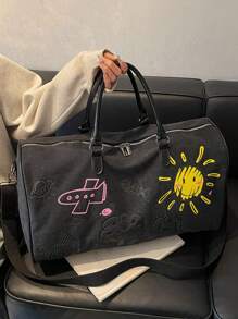 Thickened Canvas Cartoon Graffiti With Childlike Patterns, Wear-Resistant, Multi-Level, Large Capacity, Ultra Light, Foldable, Multifunctional, Zippered Shoulder Crossbody Handbag, Travel Bag, Luggage Bag Bag For School School Accessories School Stuff