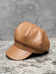 1 件纯色 PU 八角形英伦风格复古休闲帽 - 黑色 - 查看 3