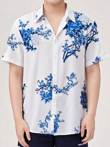 ملابس علوية رجالي كاجوال بأكمام قصيرة فضفاض مزخرف بطبعات الزهور والطيور، ملابس علوية صيفي موضة من البوليستر