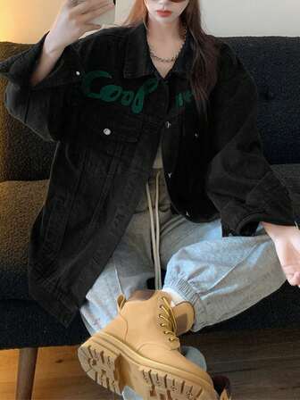 黑色刺绣牛仔夹克，宽松休闲外套，春秋韩版风格