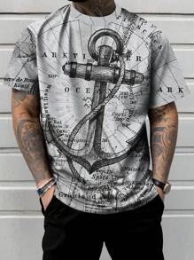 Men's Plus Size Anchor Nautical Map Crew Neck Short Sleeve T-Shirt