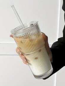 1 件，带吸管和盖子的条纹玻璃杯 - 20.29 盎司/600 毫升，外观精美的玻璃饮水杯，适用于咖啡、茶、牛奶、冰美式咖啡和拿铁饮品，饮水杯 - 無色 - 查看 8