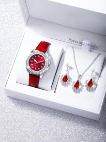 Ladies Watch Set Of 4 Women's Fashion Luxurious Quartz Watch And Necklace & Earrings Set Suitable For Women Party,Holiday,Birthday Wear Or As Sisters,The Best Gift For A Lady(No Box)