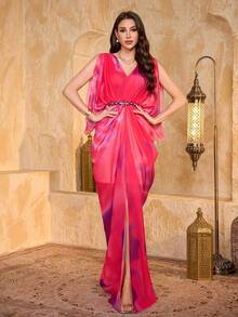 SUPGIR [Random Cut]Front And Back V-Neck Asymmetrical Sleeve Multi-Color Chiffon Evening Dress - Hot Pink - View 4